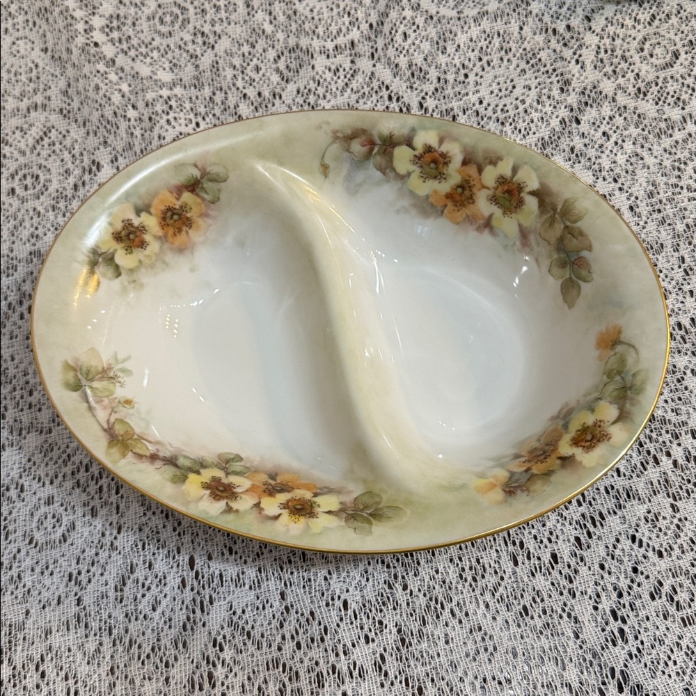 Vintage Hand Painted Divided Serving Dish Floral Gold Trim Ceramic